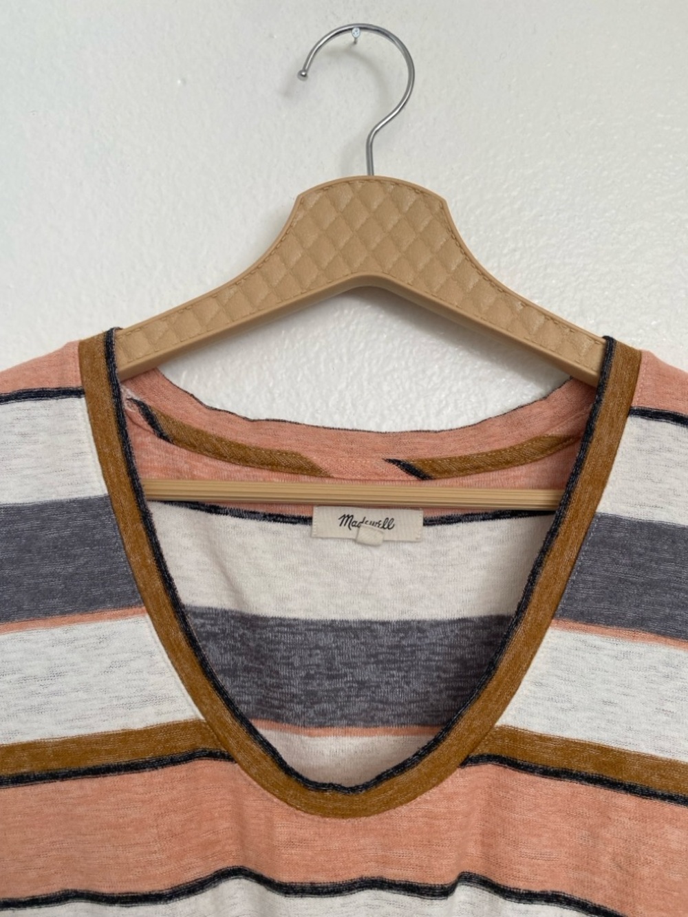 Madewell Striped Tie-Front Short Sleeve Top in Peach, Gray and Cream - Picture 3 of 8